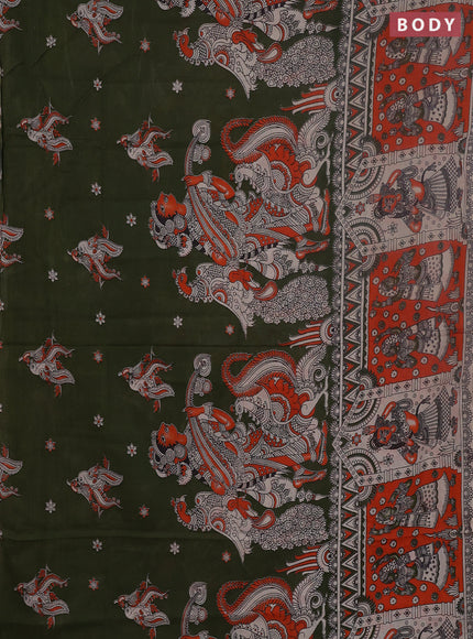 Kalamkari cotton saree sap green and orange with allover prints and long printed border