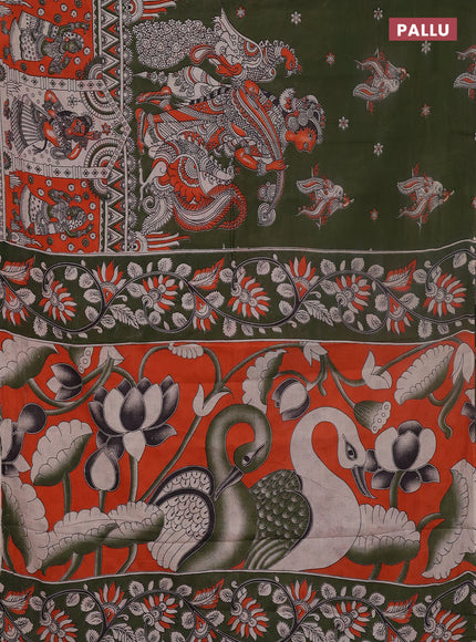 Kalamkari cotton saree sap green and orange with allover prints and long printed border