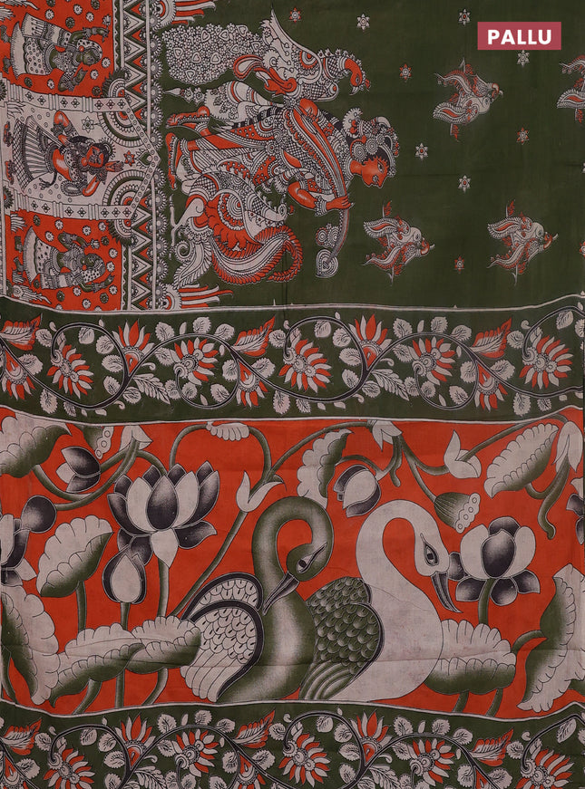 Kalamkari cotton saree sap green and orange with allover prints and long printed border