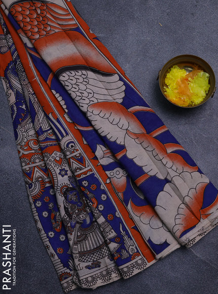Kalamkari cotton saree orange and blue with allover prints and long printed border