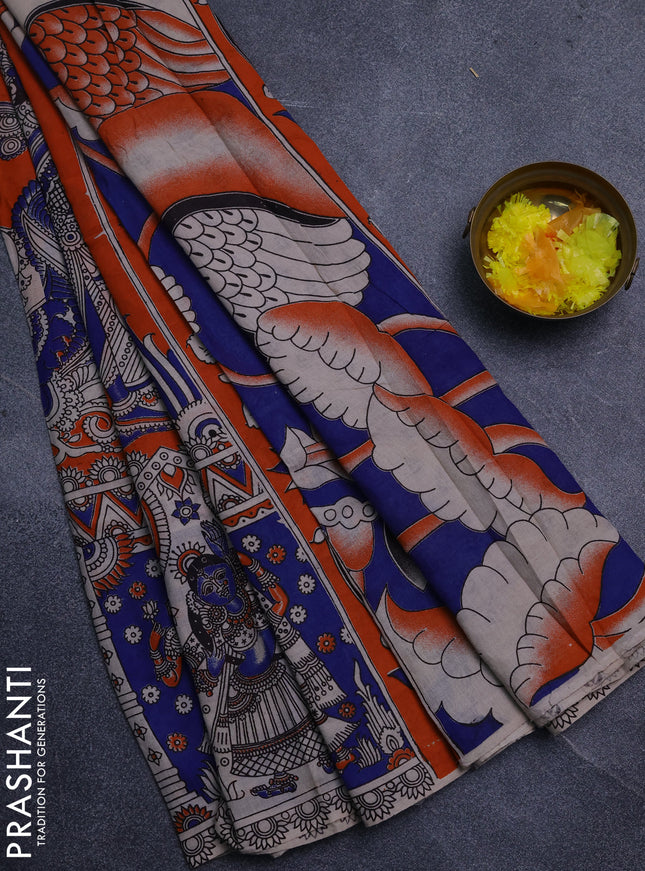 Kalamkari cotton saree orange and blue with allover prints and long printed border