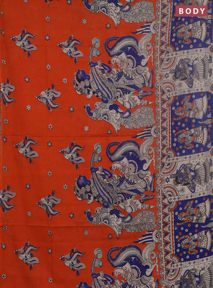 Kalamkari cotton saree orange and blue with allover prints and long printed border