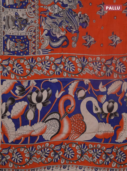 Kalamkari cotton saree orange and blue with allover prints and long printed border