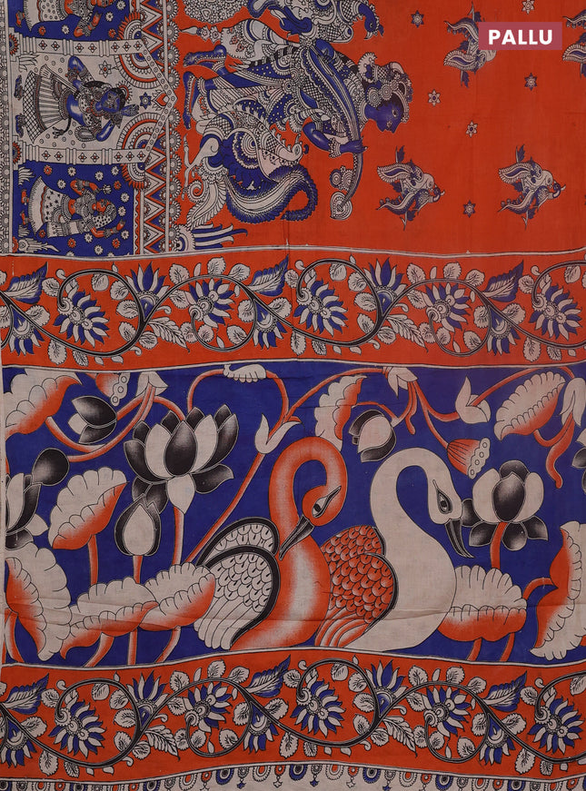 Kalamkari cotton saree orange and blue with allover prints and long printed border