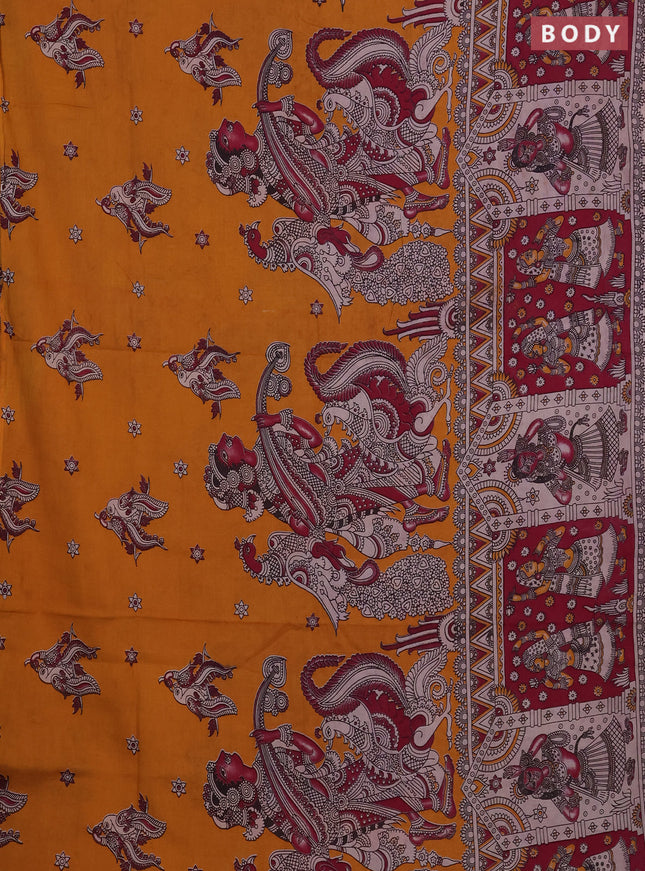 Kalamkari cotton saree mustard yellow and magenta pink with allover prints and long printed border