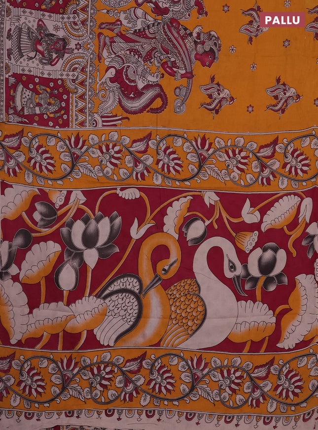 Kalamkari cotton saree mustard yellow and magenta pink with allover prints and long printed border