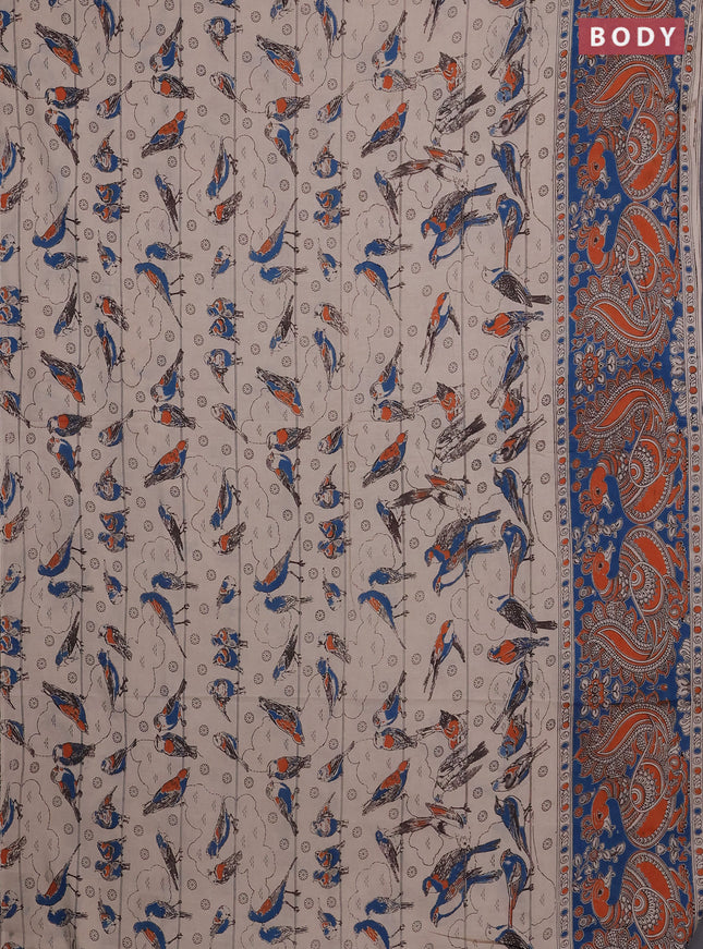 Kalamkari cotton saree beige and orange with allover prints and long printed border
