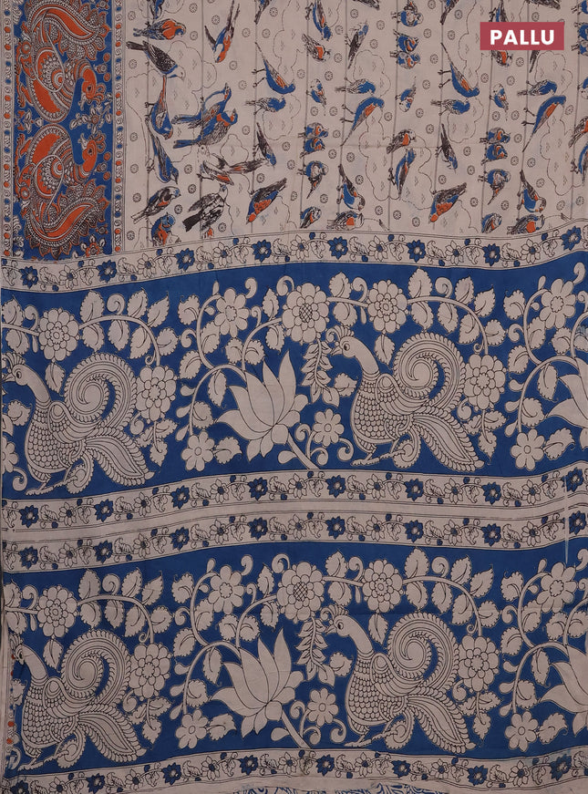Kalamkari cotton saree beige and orange with allover prints and long printed border