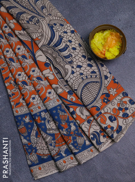 Kalamkari cotton saree orange and peacock blue with allover prints and long printed border