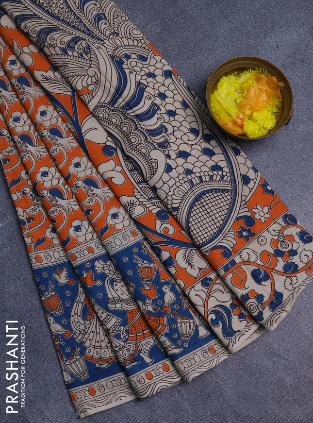 Kalamkari cotton saree orange and peacock blue with allover prints and long printed border