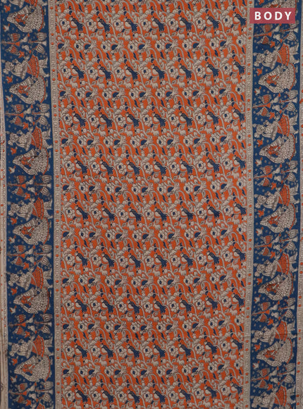 Kalamkari cotton saree orange and peacock blue with allover prints and long printed border