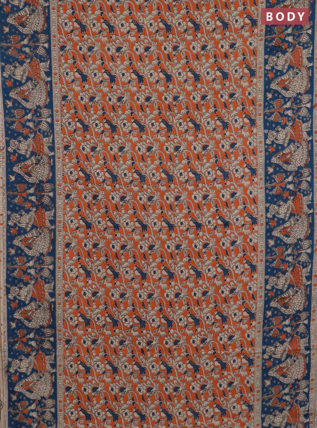 Kalamkari cotton saree orange and peacock blue with allover prints and long printed border
