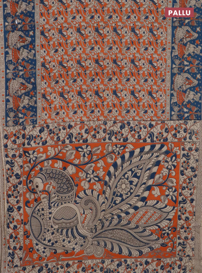 Kalamkari cotton saree orange and peacock blue with allover prints and long printed border
