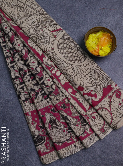 Kalamkari cotton saree black and magenta pink with allover prints and long printed border