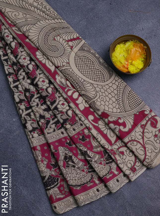 Kalamkari cotton saree black and magenta pink with allover prints and long printed border