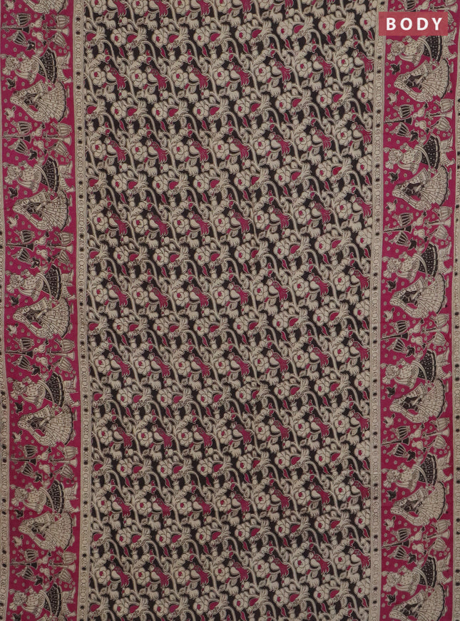 Kalamkari cotton saree black and magenta pink with allover prints and long printed border