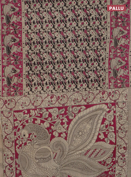 Kalamkari cotton saree black and magenta pink with allover prints and long printed border