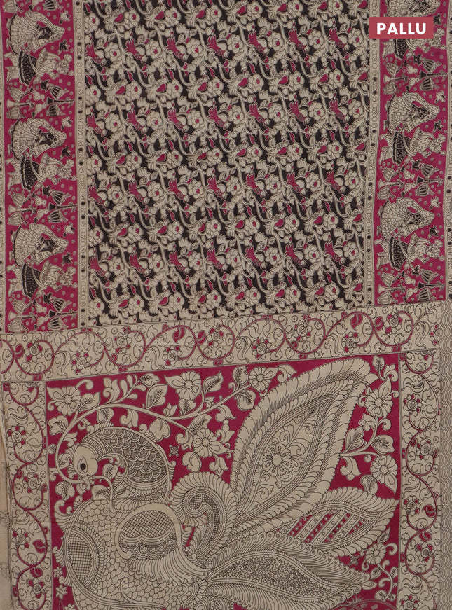 Kalamkari cotton saree black and magenta pink with allover prints and long printed border