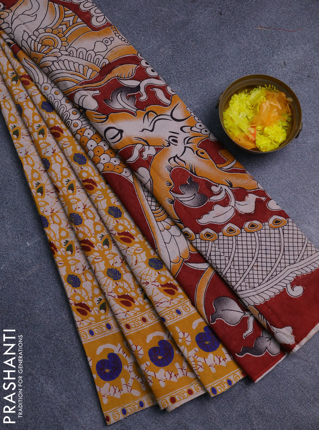 Kalamkari cotton saree yellow and maroon with allover prints and printed border