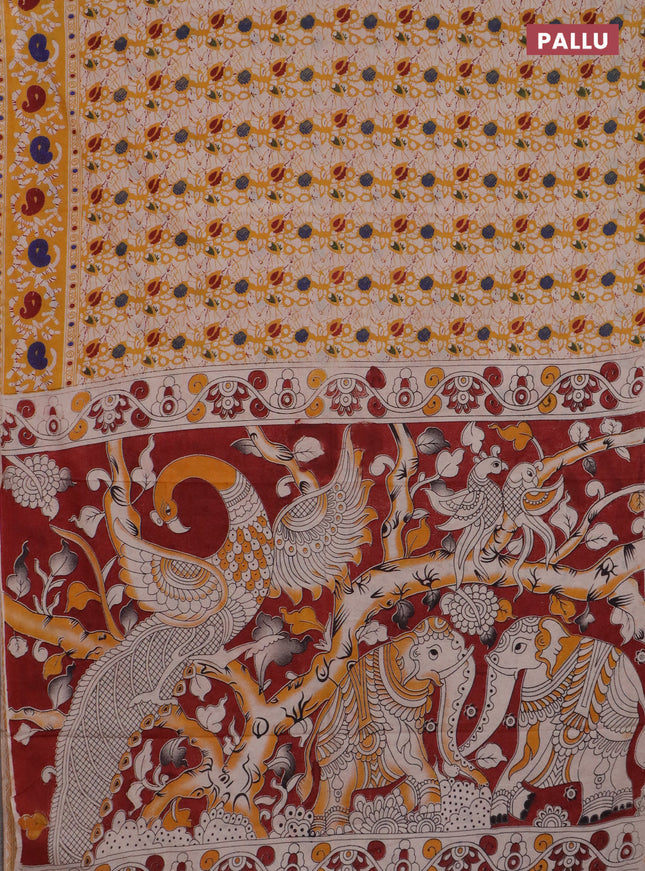 Kalamkari cotton saree yellow and maroon with allover prints and printed border
