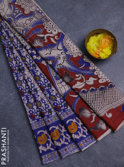 Kalamkari cotton saree blue and beige with allover prints and printed border