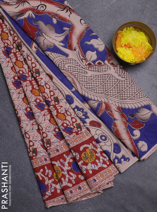 Kalamkari cotton saree beige and rust shade with allover prints and long printed border