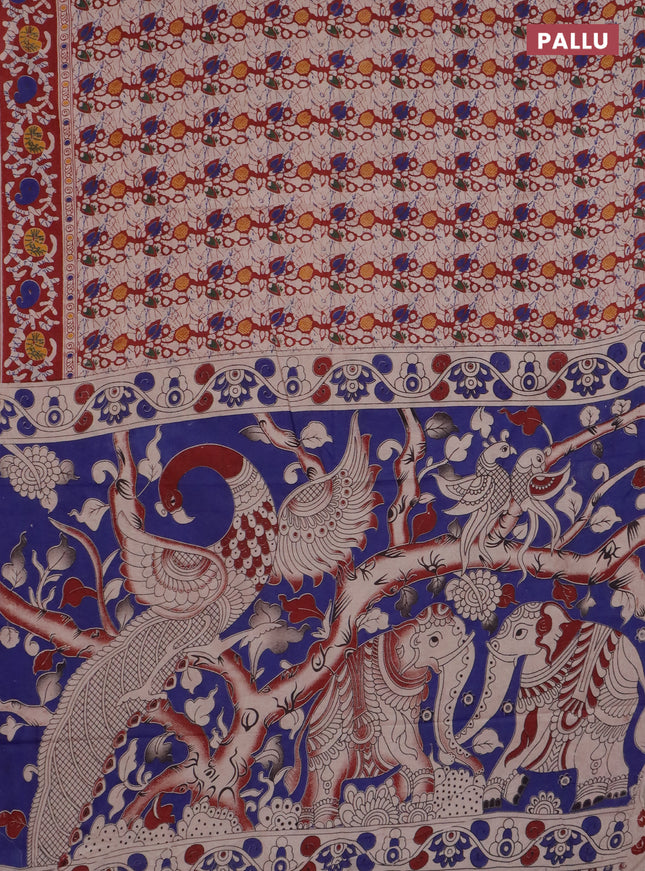 Kalamkari cotton saree beige and rust shade with allover prints and long printed border