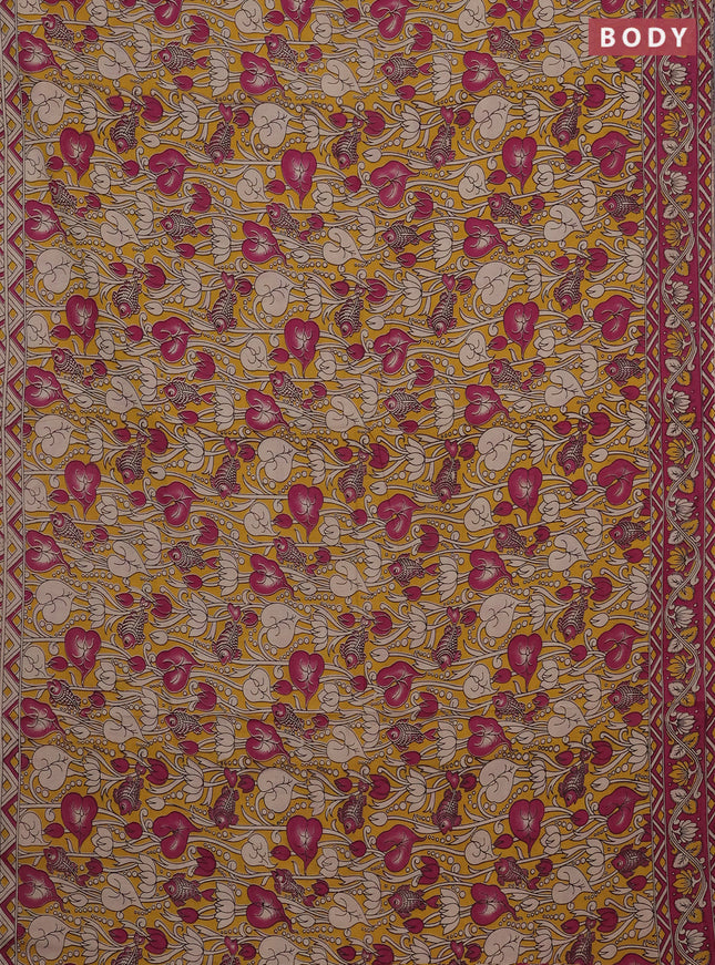Kalamkari cotton saree yellow and magenta pink with allover prints and printed border