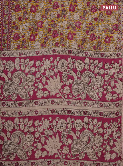 Kalamkari cotton saree yellow and magenta pink with allover prints and printed border