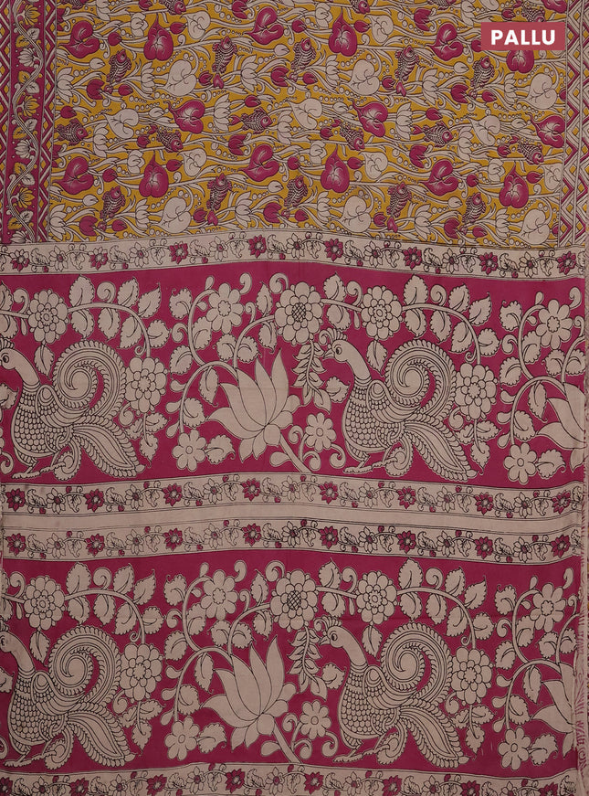 Kalamkari cotton saree yellow and magenta pink with allover prints and printed border