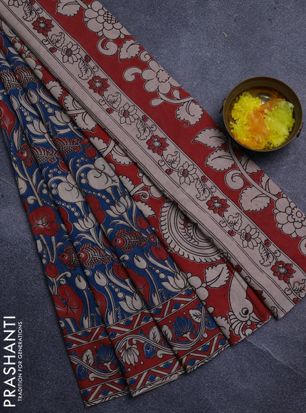 Kalamkari cotton saree peacock blue and maroon with allover prints and printed border