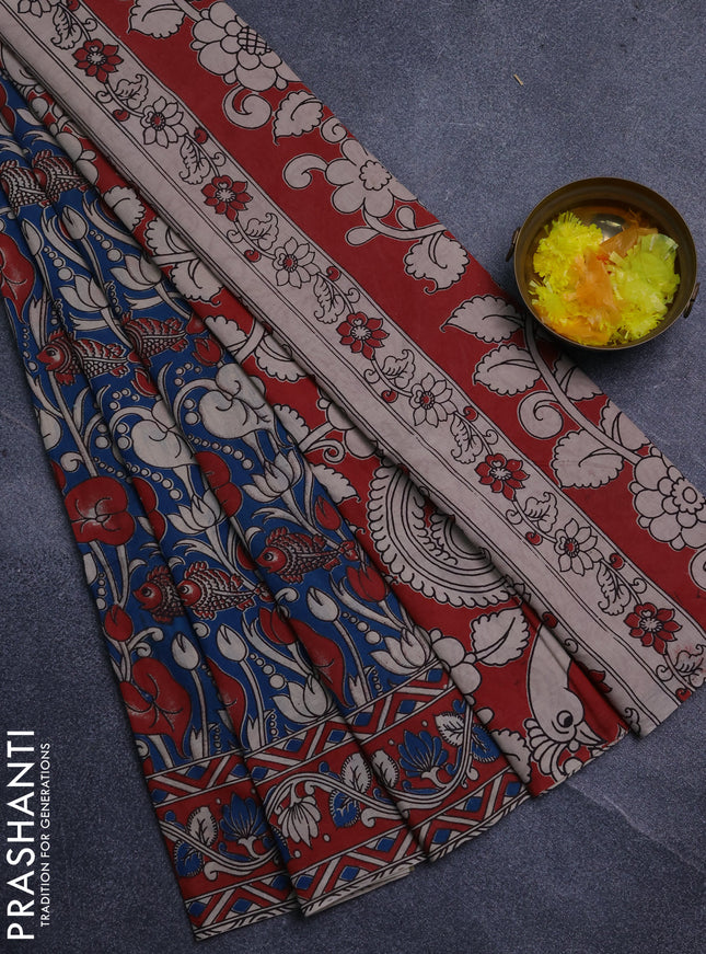 Kalamkari cotton saree peacock blue and maroon with allover prints and printed border