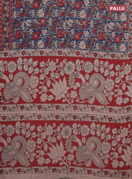 Kalamkari cotton saree peacock blue and maroon with allover prints and printed border