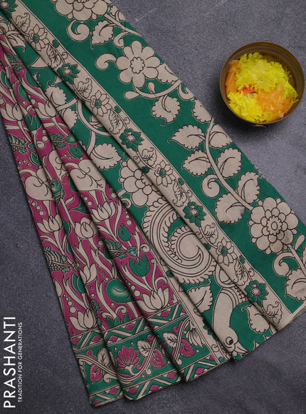 Kalamkari cotton saree magenta pink and green with allover prints and printed border
