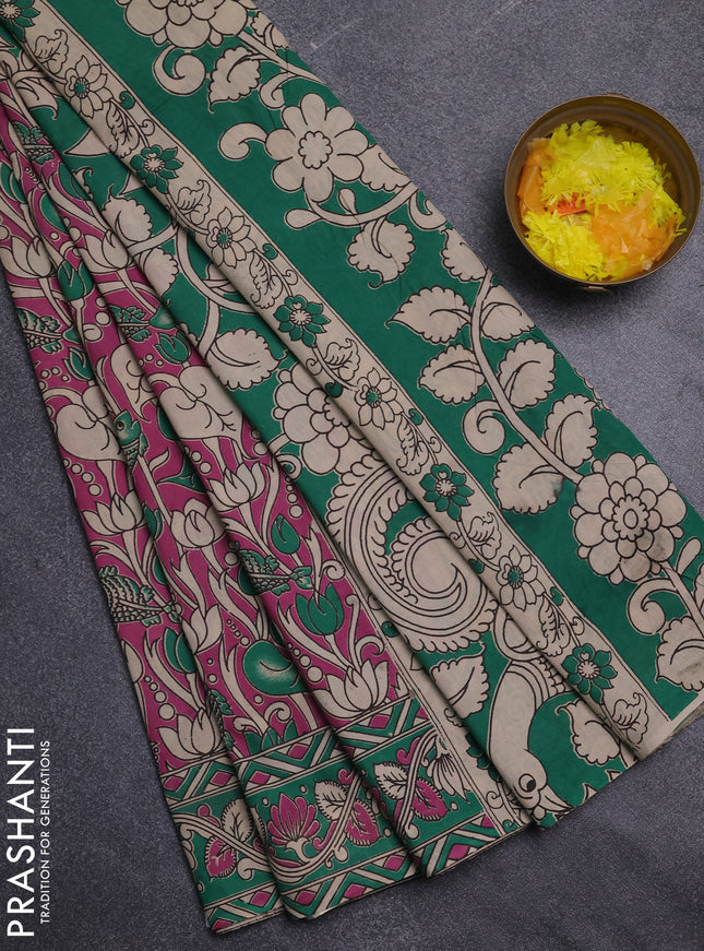 Kalamkari cotton saree magenta pink and green with allover prints and printed border
