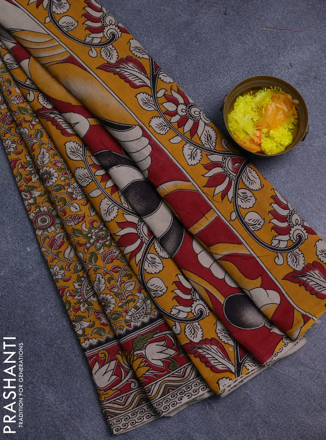 Kalamkari cotton saree yellow and maroon with allover prints and printed border