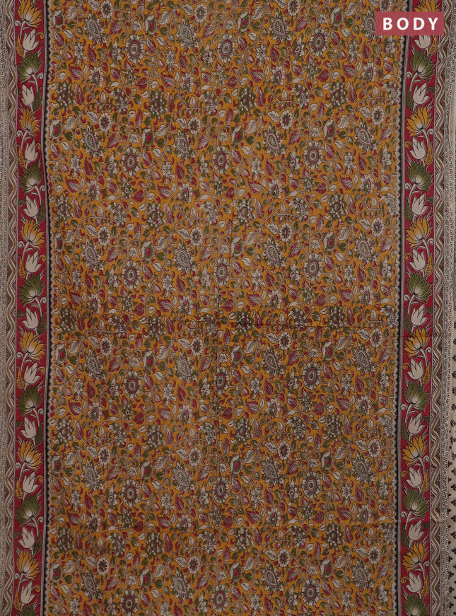 Kalamkari cotton saree yellow and maroon with allover prints and printed border