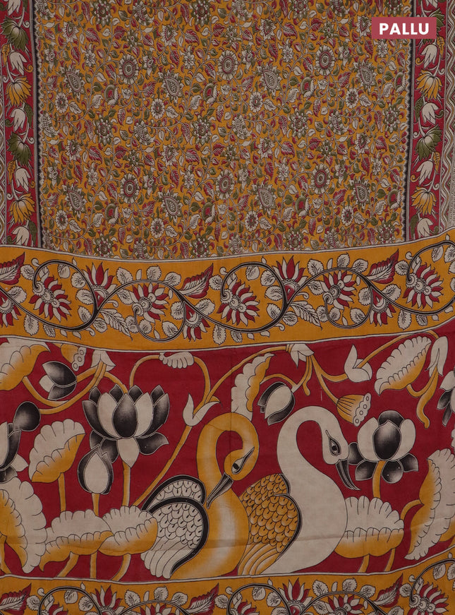 Kalamkari cotton saree yellow and maroon with allover prints and printed border