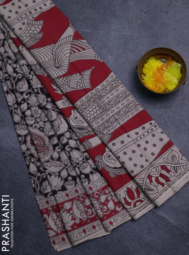 Kalamkari cotton saree black and pink with allover prints and printed border