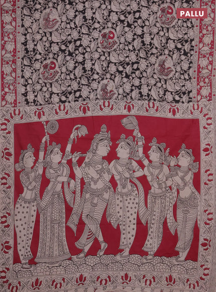 Kalamkari cotton saree black and pink with allover prints and printed border