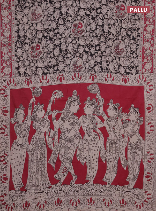 Kalamkari cotton saree black and pink with allover prints and printed border