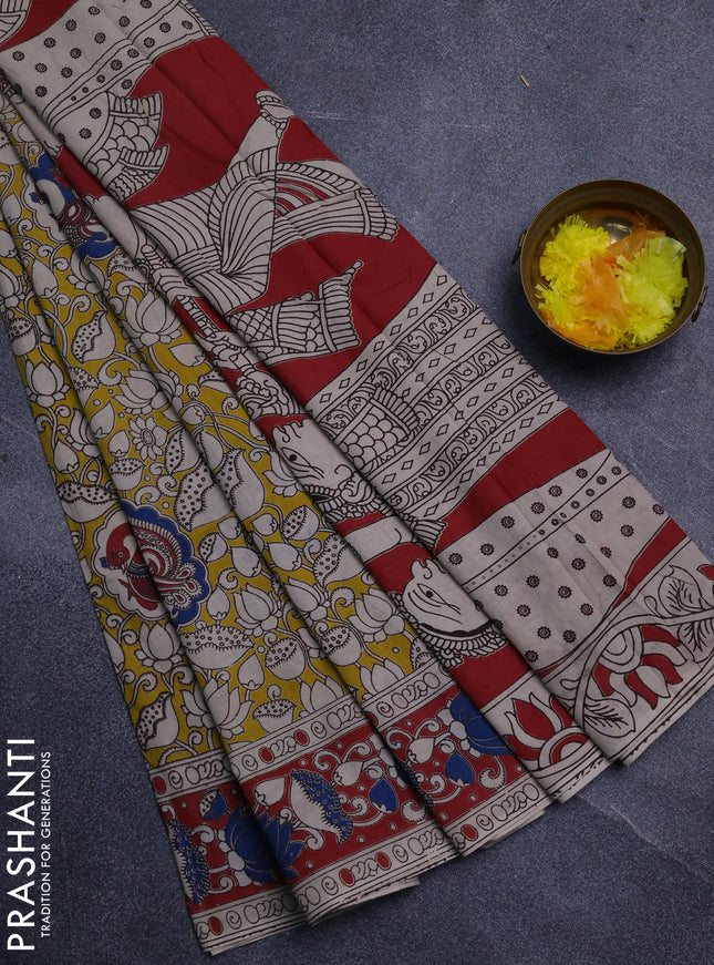 Kalamkari cotton saree yellow and maroon with allover prints and printed border
