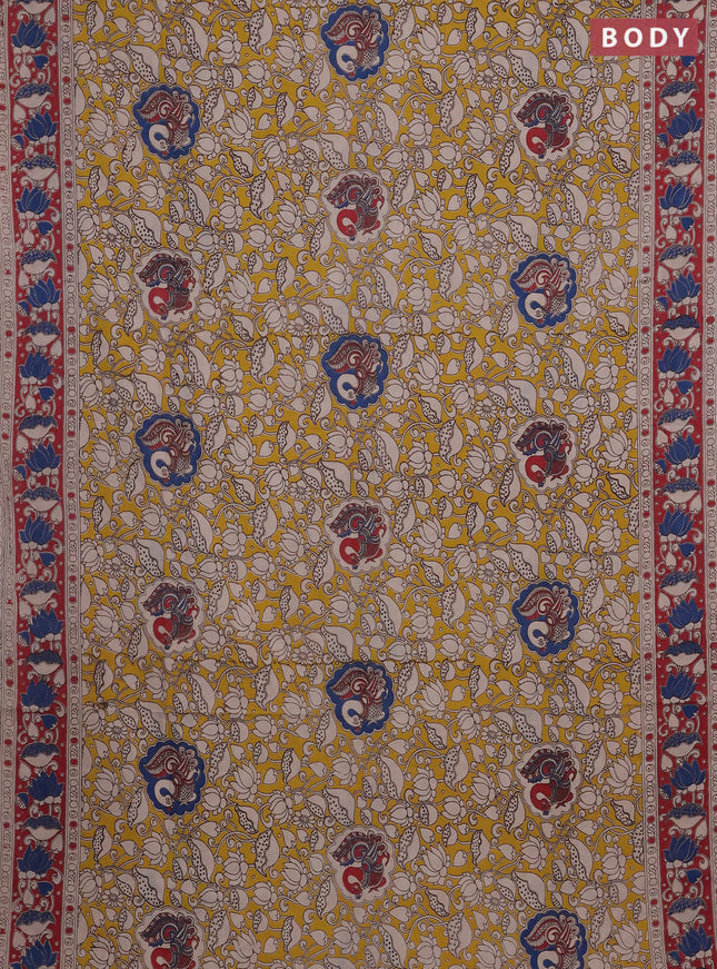 Kalamkari cotton saree yellow and maroon with allover prints and printed border