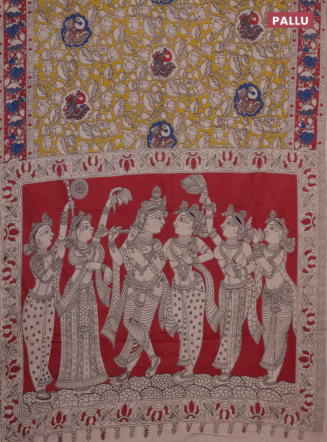 Kalamkari cotton saree yellow and maroon with allover prints and printed border