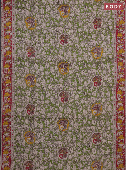 Kalamkari cotton saree light green and pink with allover prints and printed border