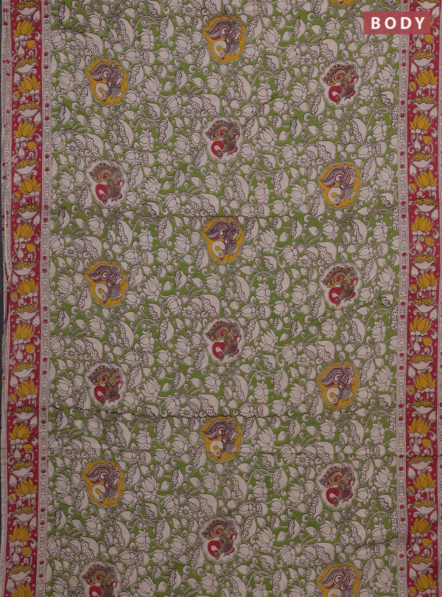 Kalamkari cotton saree light green and pink with allover prints and printed border