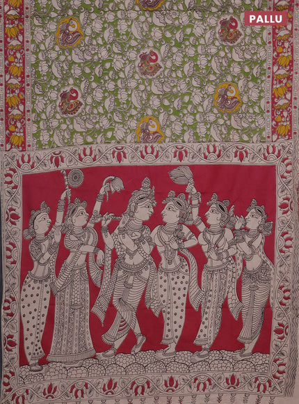 Kalamkari cotton saree light green and pink with allover prints and printed border