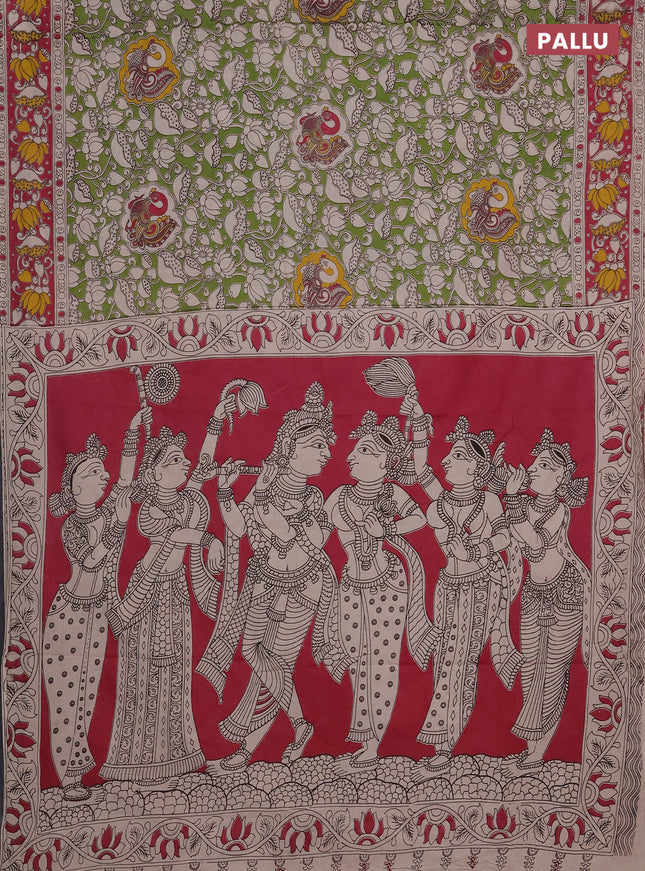 Kalamkari cotton saree light green and pink with allover prints and printed border