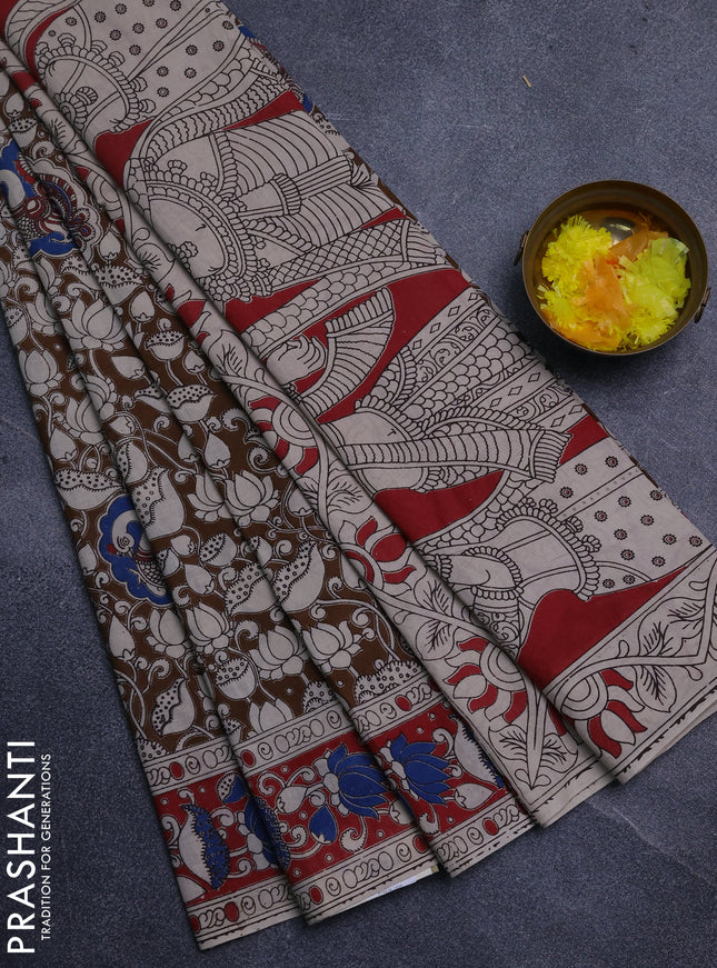 Kalamkari cotton saree brown and maroon with allover prints and printed border