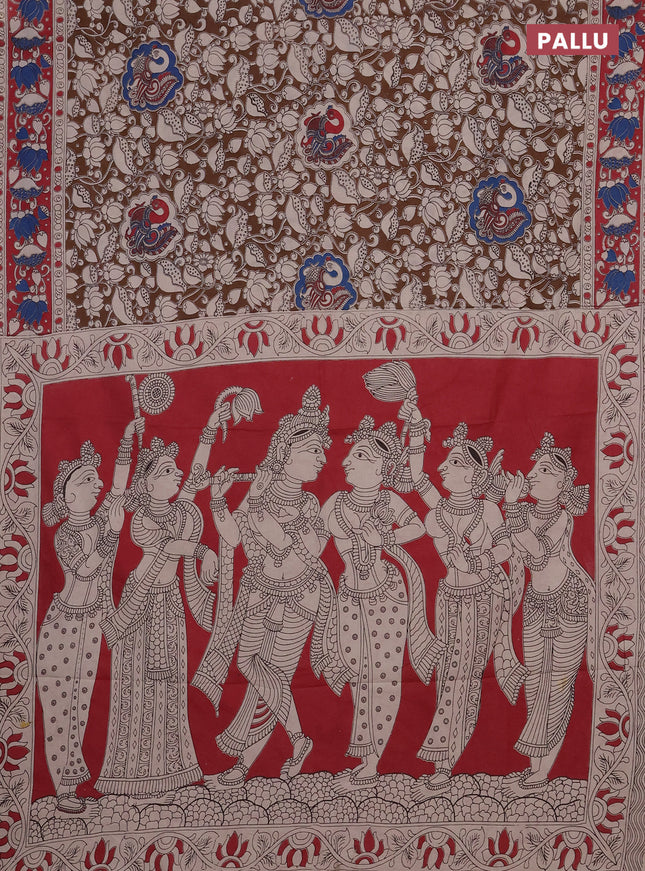 Kalamkari cotton saree brown and maroon with allover prints and printed border